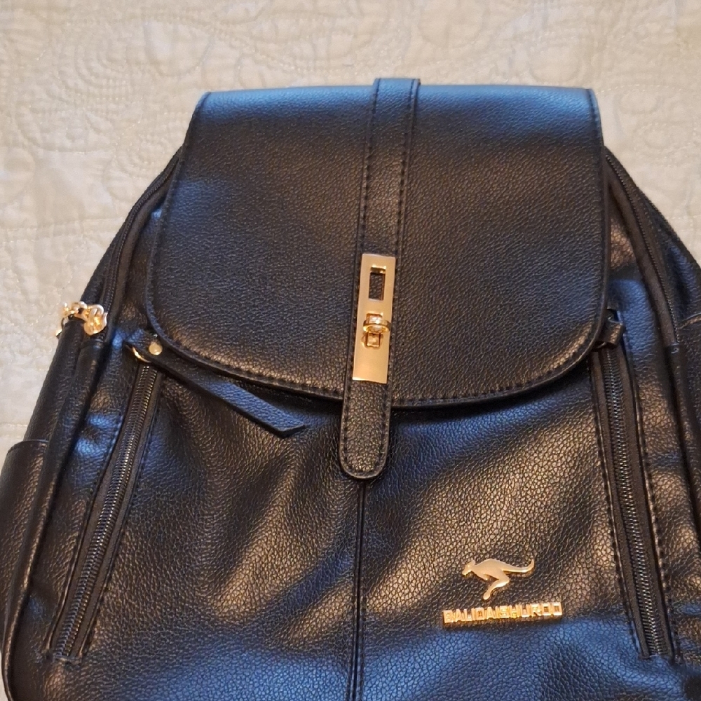 Baodanwang Black Leather Backpack with Gold Accents